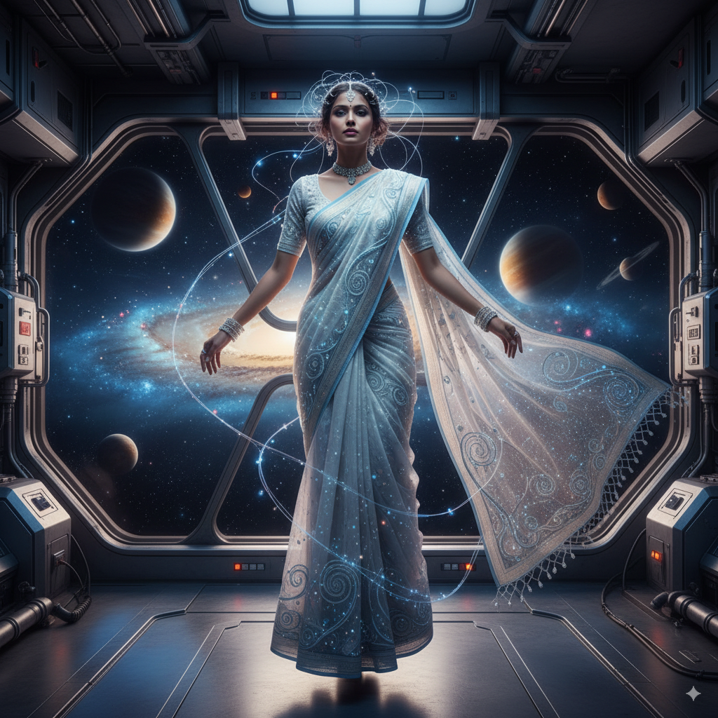 A Nano Banana Saree glowing with stardust and nano-fibers, model floating in zero gravity inside a space station, cosmic background with planets and galaxies, futuristic sci-fi fashion